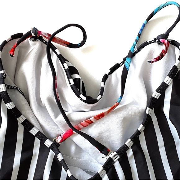 Tropical Swimwear One-Piece Swimsuit Floral Print Stripe Ruffle Top Bathing Suit - Picture 9 of 16